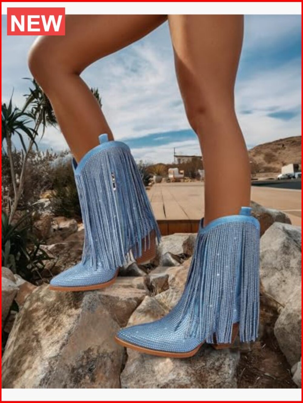 Cowgirl Western Rhinestone Fringe Chunky Heel Pointed Toe Mid Calf Boots - Picture 2 of 7